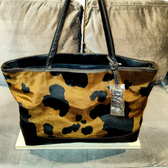 NWOT BUENO CALF HAIR ANIMAL PRINT 3 COMPARTMENT MESSANGER BAG TOTE BROWN & BLACK - Picture 5 of 16